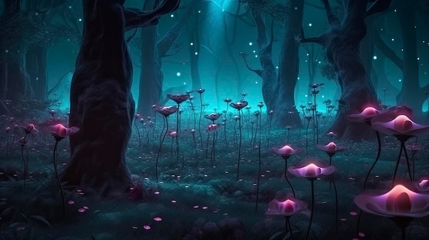 Fantasy forest at night magic glowing flowers in fairytale wood Generate Ai