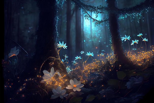 Fantasy forest at night magic glowing flowers in fairytale wood generative AI