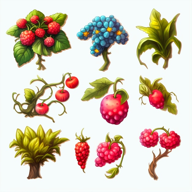 Fantasy forest plants and berries sprites for mobile game