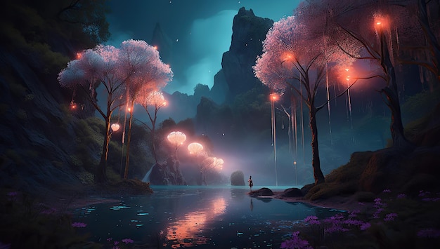 푸른 빛이 있는 숲과 하늘에 반딧불이가 있는 숲이 빛나는 환상의 숲 장면