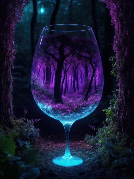 Fantasy forest in a wine glass neon realistic glow ai generated