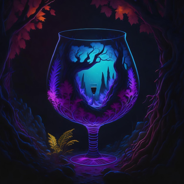 Fantasy forest in a wine glass neon realistic glow generative ai