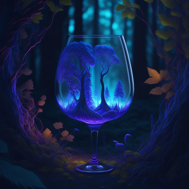 Fantasy forest in a wine glass neon realistic glow generative ai