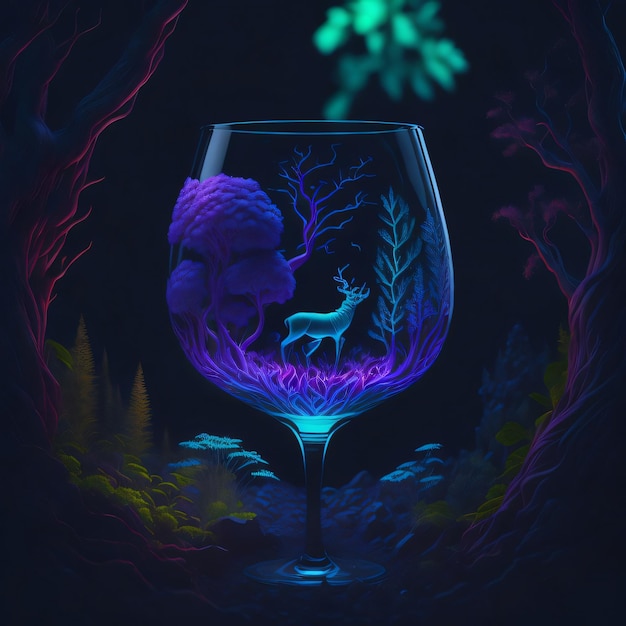 Fantasy forest in a wine glass neon realistic glow generative ai