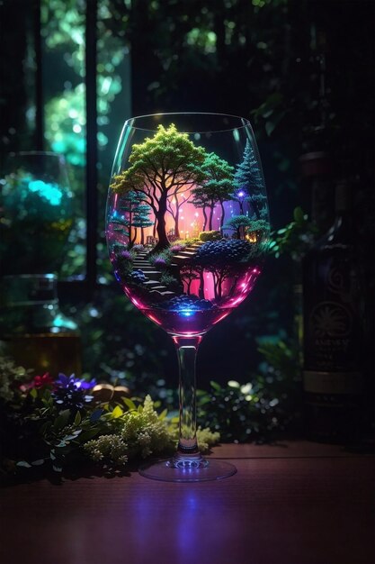 Foto foresta fantasy in un bagliore realistico al neon di un bicchiere di vino