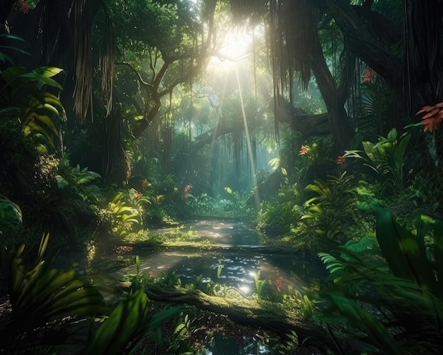 A fantasy forest with dense vegetation and sunlight beams Generative AI