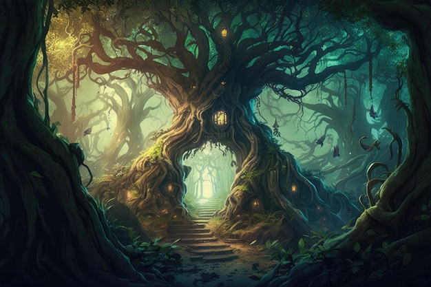 Fantasy forest with gnarled trees and strange creatures hidden among the foliage