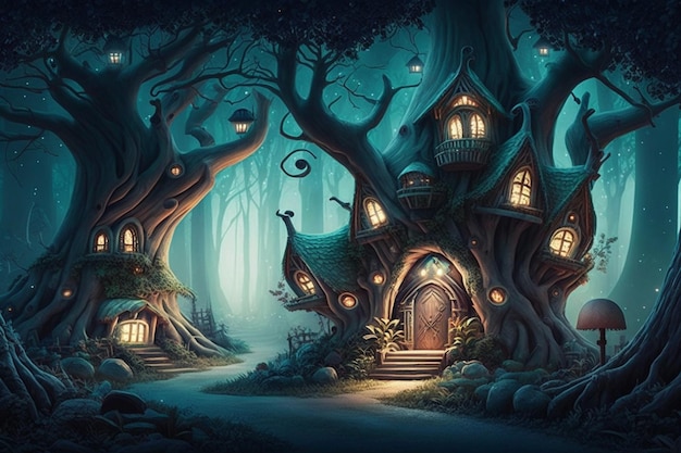 A fantasy forest with a house in the woods