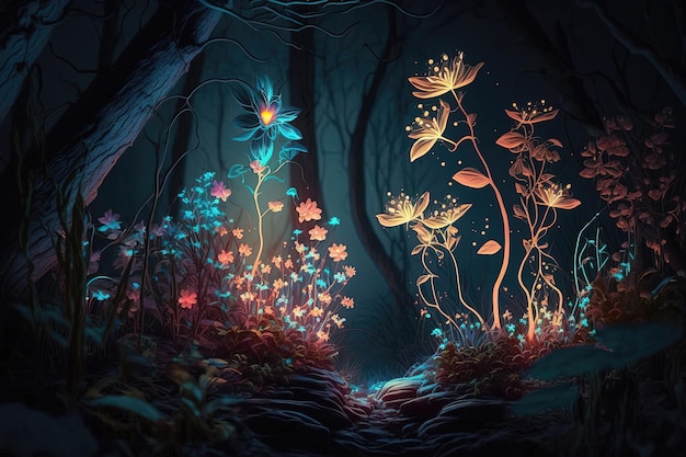 Fantasy forest with luminescent plants The forest is shrouded in a mystical aura with tall trees and lush greenery Generative AI