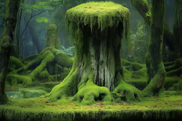 Fantasy forest with mossy tree trunk and green moss in the foreground