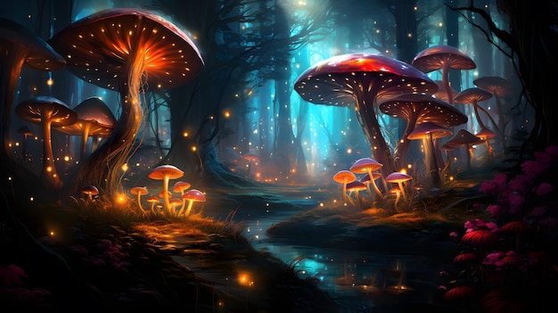 Fantasy forest with mushrooms Fairytale landscape ai generated