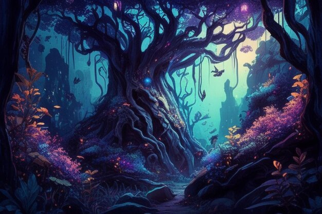 A fantasy forest with a tree and fish