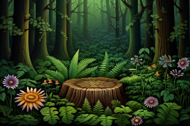 Photo fantasy forest with tree stump and flowers