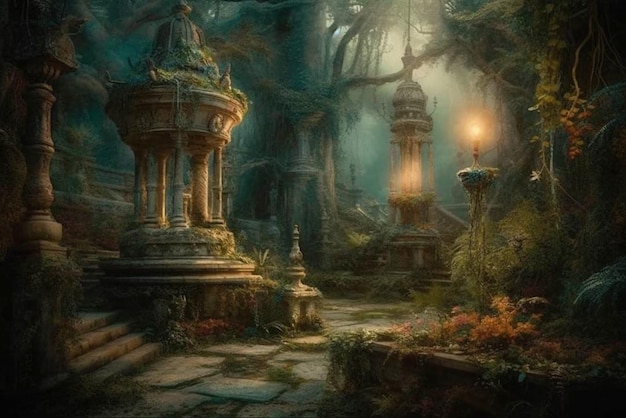 A fantasy forest with a tree and a temple with a lantern.