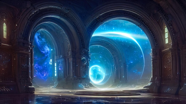 Fantasy galactic majestic portal neon An abstract passage a door to an unreal world Round stone arches 3D illustration