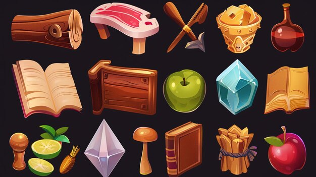 Foto fantasy game assets collectie iconische objecten met gedetailleerd ontwerp geïsoleerd