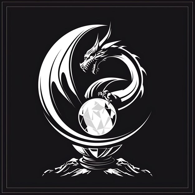 Fantasy Game Award Logo With a Dragon and a Crystal Ball for Creative Simple Design Tattoo CNC Art