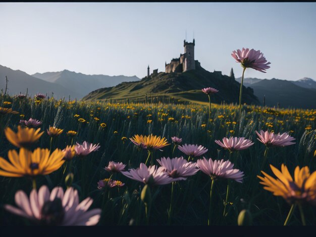 Photo fantasy garden castle with many flowers roses and clouds illustration art