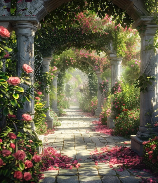 Photo fantasy garden with pink roses and stone pillars