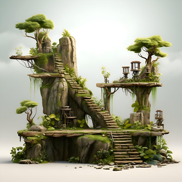 Fantasy garden with trees and plants 3D render illustration