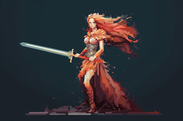 Fantasy girl warrior with sword illustration style of a fantasy warrior retro style