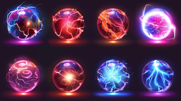 Fantasy globe with luminous plasma Flashing red and blue electric power balls with neon effect Realistic modern illustration set of glowing red and blue electric power balls