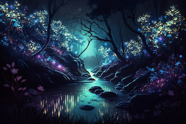 Fantasy glowing forest at night