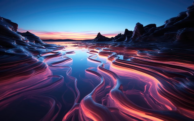 Fantasy glowing landscape with blue sky and red water