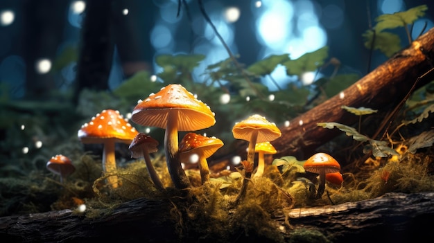 Fantasy glowing mushrooms in a dark dark forest closeup created with Generative AI technology