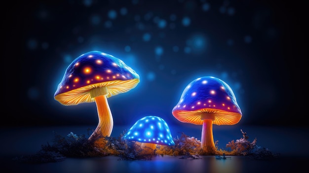 Fantasy glowing mushrooms in a dark dark forest closeup created with Generative AI technology