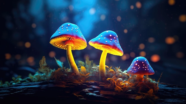 Fantasy glowing mushrooms in a dark dark forest closeup created with Generative AI technology