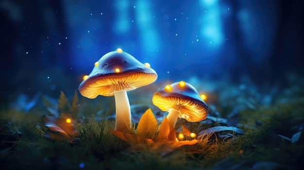 Fantasy glowing mushrooms in a dark dark forest closeup created with Generative AI technology