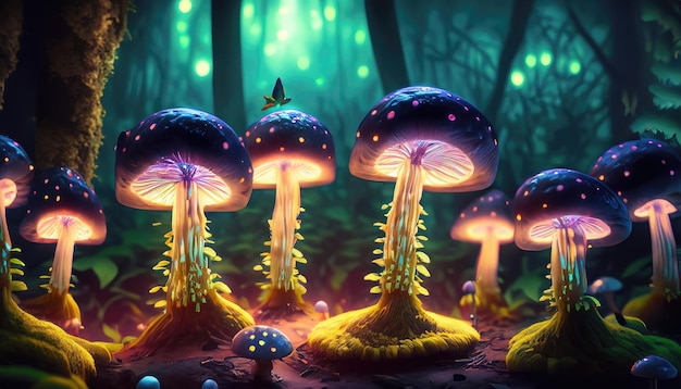 Fantasy glowing mushrooms in mystery dark forest closeup