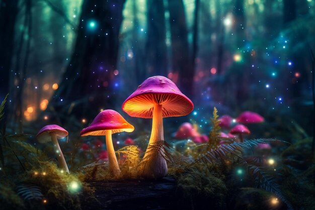 Foto fantasia funghi luminosi in misteriosa foresta oscura generativa ai illustrazione di foresta fantastica magica con luci luminose.