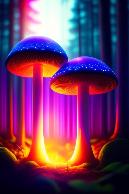 Fantasy glowing mushrooms in mystery dark forest