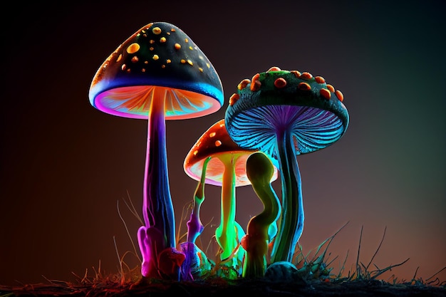 Фантастические светящиеся неоновые волшебные грибы на темном фоне Иллюстрация