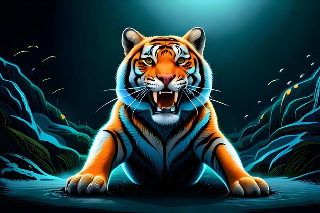 A fantasy glowing tiger roaring on black background generative ai