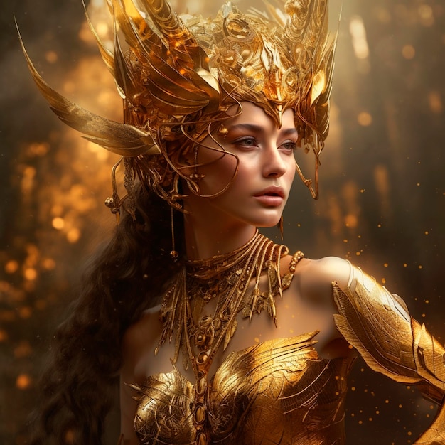 Fantasy goddess in a golden armor with a crown Character design Generative AI