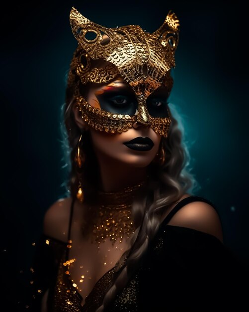 fantasy goddess in Tiger Cheetah golden mask and golden accessories in dramatic lights