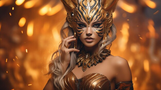 Photo fantasy goddess in tiger cheetah golden mask