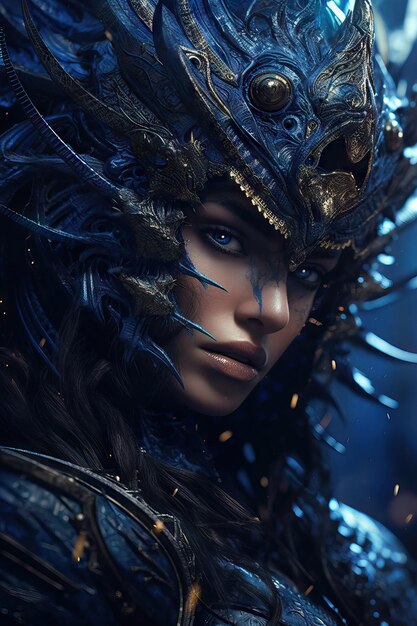 Fantasy godin in blauwe tonen filmische scène van een wilde vrouwen god krachtige magische