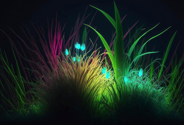 Foto colori al neon dell'erba di fantasia generative ai