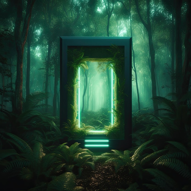 Фантастическая зеленая дверь в темном лесу с неоновым светом