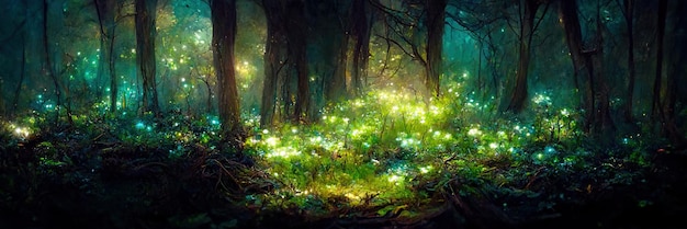 Fantasy green forest floor, trees, nature, green, light. Forest landscape. Digital Illustration