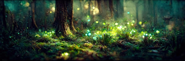 Fantasy green forest floor, trees, nature, green, light. Forest landscape. Digital Illustration