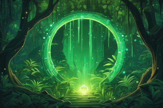 Foto un portale fantastico verde luminoso nella foresta in stile d'arte piatto