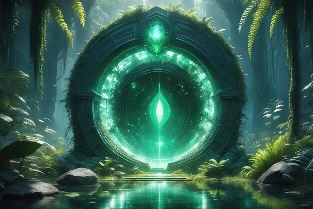 A fantasy green glowing portal in the forest