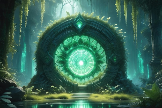 A fantasy green glowing portal in the forest