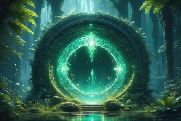 A fantasy green glowing portal in the forest