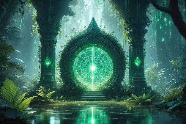 A fantasy green glowing portal in the forest